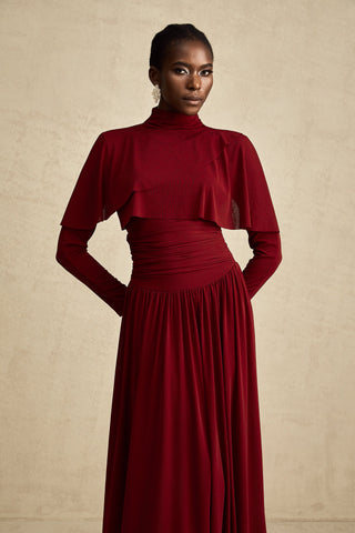 Camille Ruched Flap-Detail Midi Dress — Wine Red