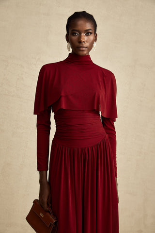 Camille Ruched Flap-Detail Midi Dress — Wine Red