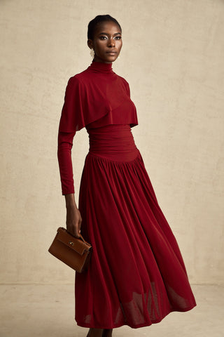 Camille Ruched Flap-Detail Midi Dress — Wine Red