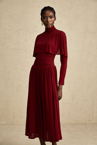 Camille Ruched Flap-Detail Midi Dress — Wine Red