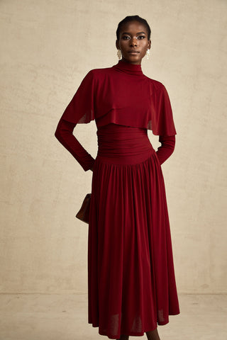Camille Ruched Flap-Detail Midi Dress — Wine Red