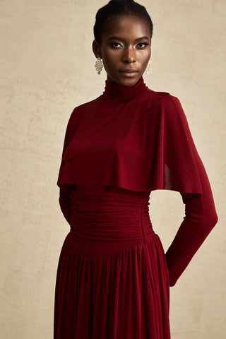 Camille Ruched Flap-Detail Midi Dress — Wine Red