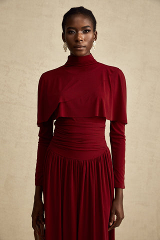 Camille Ruched Flap-Detail Midi Dress — Wine Red