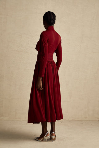 Camille Ruched Flap-Detail Midi Dress — Wine Red