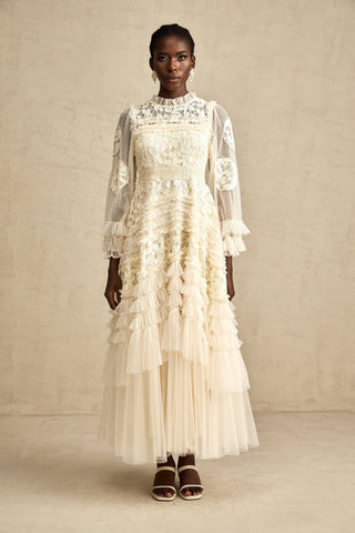 Capucine Floral Embroidered Tulle Maxi Dress — Neutral