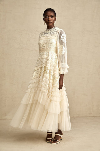 Capucine Floral Embroidered Tulle Maxi Dress — Neutral