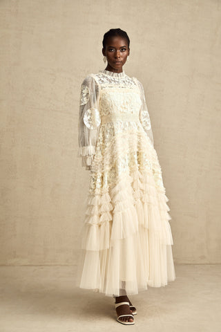 Capucine Floral Embroidered Tulle Maxi Dress — Neutral
