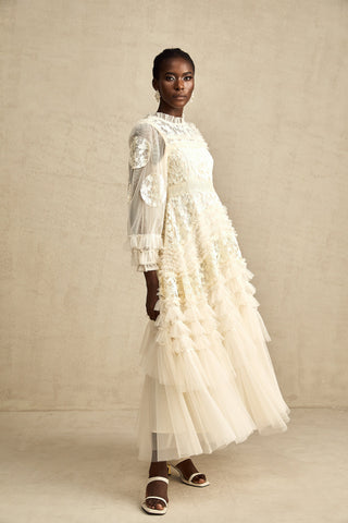 Capucine Floral Embroidered Tulle Maxi Dress — Neutral