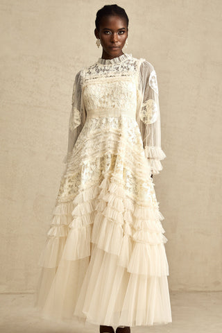 Capucine Floral Embroidered Tulle Maxi Dress — Neutral
