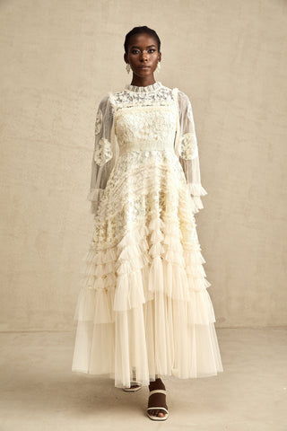 Capucine Floral Embroidered Tulle Maxi Dress — Neutral