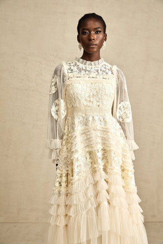Capucine Floral Embroidered Tulle Maxi Dress — Neutral