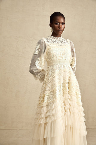 Capucine Floral Embroidered Tulle Maxi Dress — Neutral