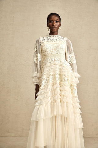 Capucine Floral Embroidered Tulle Maxi Dress — Neutral