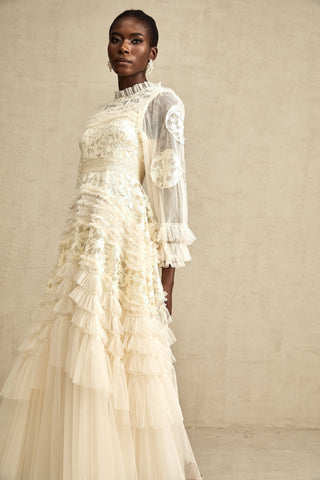 Capucine Floral Embroidered Tulle Maxi Dress — Neutral