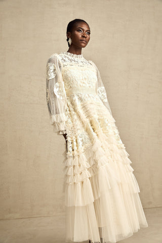 Capucine Floral Embroidered Tulle Maxi Dress — Neutral