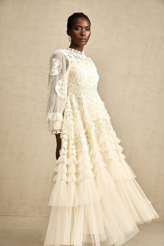 Capucine Floral Embroidered Tulle Maxi Dress — Neutral