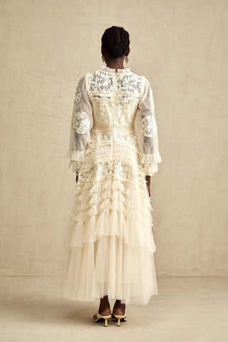 Capucine Floral Embroidered Tulle Maxi Dress — Neutral