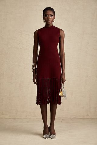 Céline Fringe-Hem Knit Midi Dress — Red