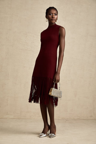 Céline Fringe-Hem Knit Midi Dress — Red