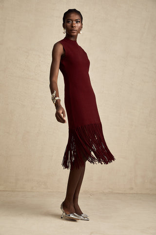Céline Fringe-Hem Knit Midi Dress — Red