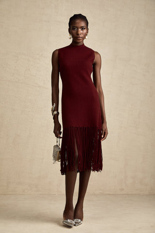 Céline Fringe-Hem Knit Midi Dress — Red