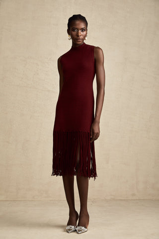 Céline Fringe-Hem Knit Midi Dress — Red