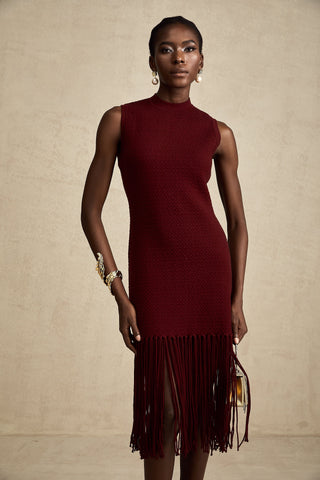 Céline Fringe-Hem Knit Midi Dress — Red