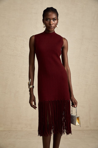 Céline Fringe-Hem Knit Midi Dress — Red