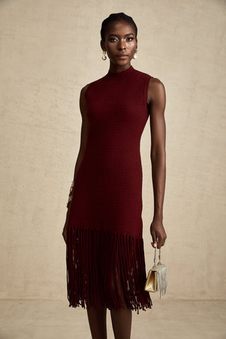 Céline Fringe-Hem Knit Midi Dress — Red