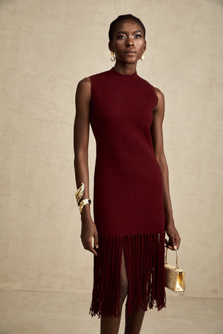 Céline Fringe-Hem Knit Midi Dress — Red