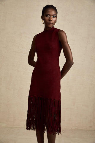 Céline Fringe-Hem Knit Midi Dress — Red