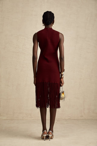 Céline Fringe-Hem Knit Midi Dress — Red