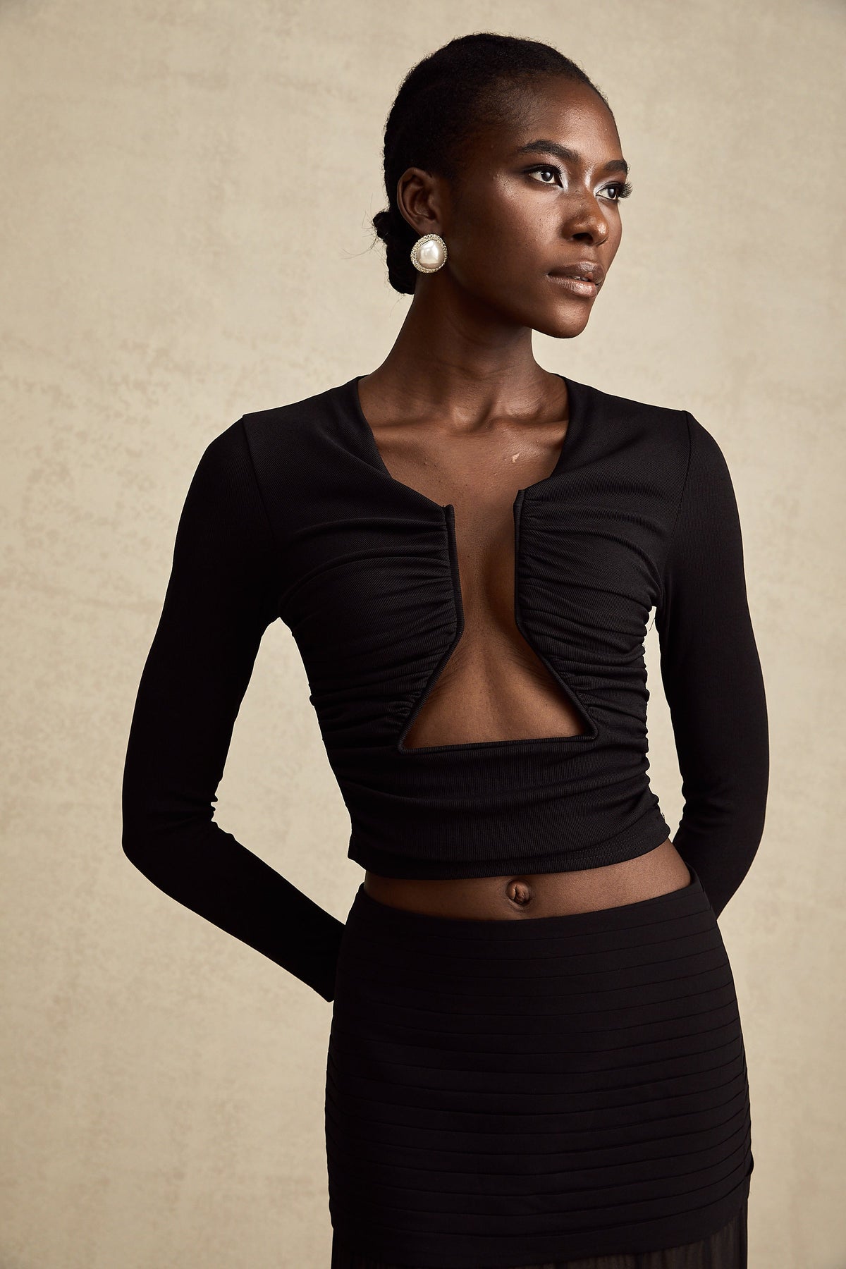 Anaïs Open-Front Gathered Blouse — Black