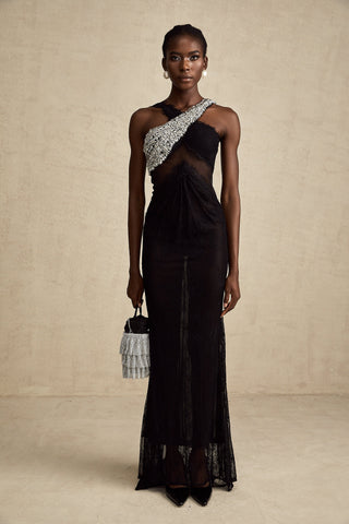 Irène Crossover Lace Maxi Dress — Black