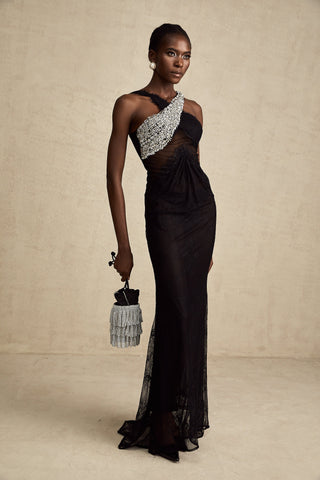 Irène Crossover Lace Maxi Dress — Black