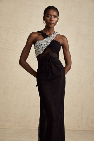 Irène Crossover Lace Maxi Dress — Black