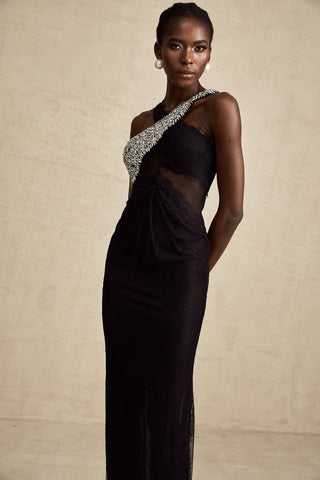 Irène Crossover Lace Maxi Dress — Black