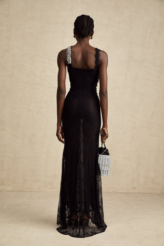 Irène Crossover Lace Maxi Dress — Black