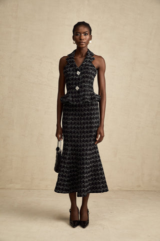 Axelle Checkered Tweed Vest and Skirt Set — Black