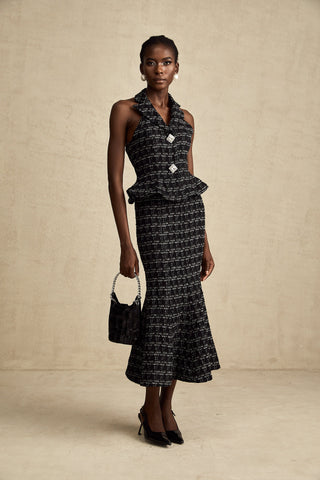 Axelle Checkered Tweed Vest and Skirt Set — Black
