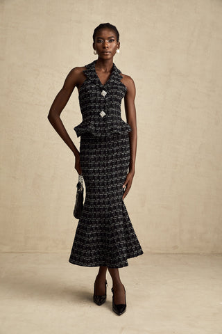 Axelle Checkered Tweed Vest and Skirt Set — Black