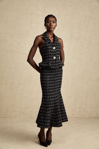 Axelle Checkered Tweed Vest and Skirt Set — Black