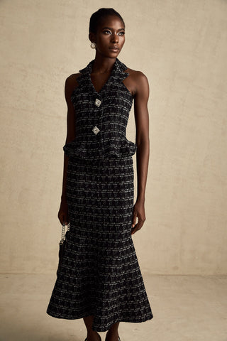 Axelle Checkered Tweed Vest and Skirt Set — Black