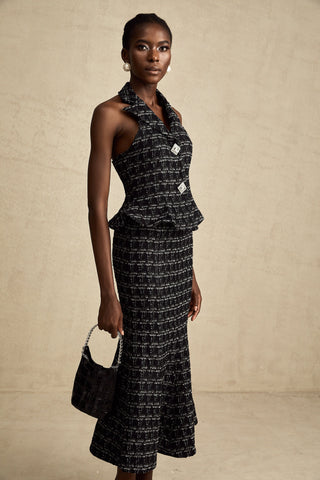 Axelle Checkered Tweed Vest and Skirt Set — Black