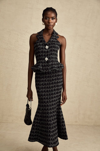 Axelle Checkered Tweed Vest and Skirt Set — Black