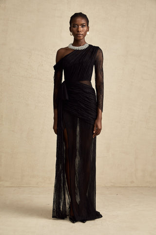 Jeanne One-Shoulder Lace Maxi Gown — Black