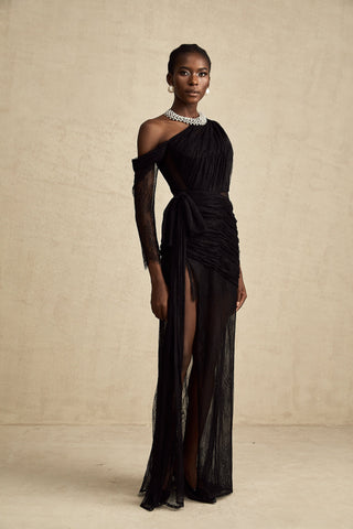 Jeanne One-Shoulder Lace Maxi Gown — Black