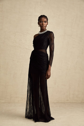 Jeanne One-Shoulder Lace Maxi Gown — Black