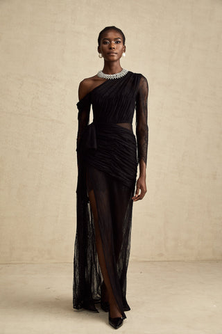 Jeanne One-Shoulder Lace Maxi Gown — Black