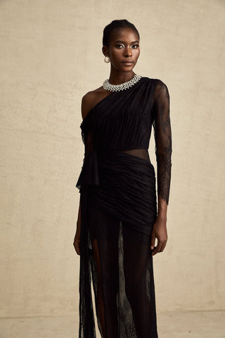 Jeanne One-Shoulder Lace Maxi Gown — Black